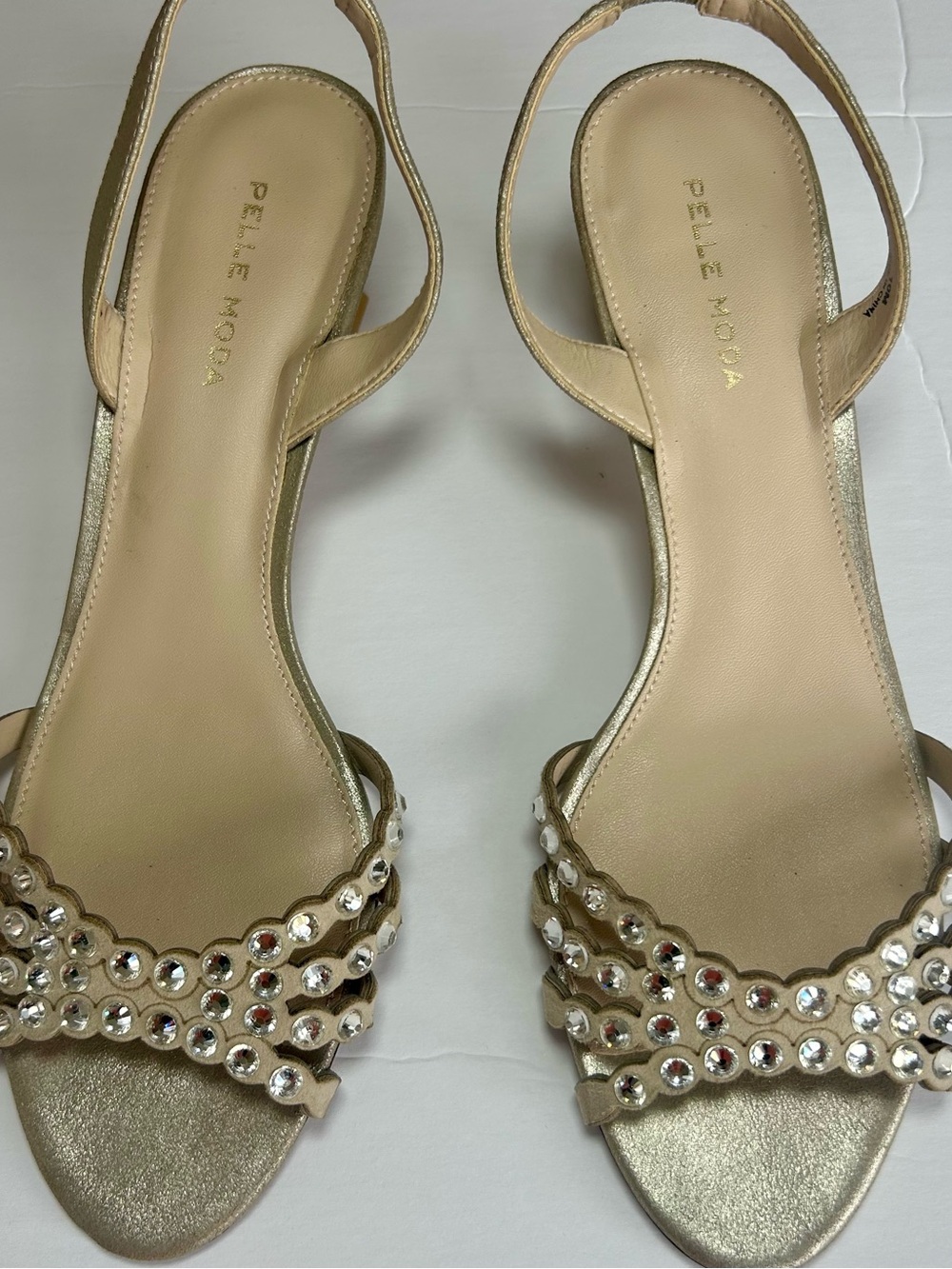 Pelle Moda Metallic Gold Crystal-Strap Slingback Heels